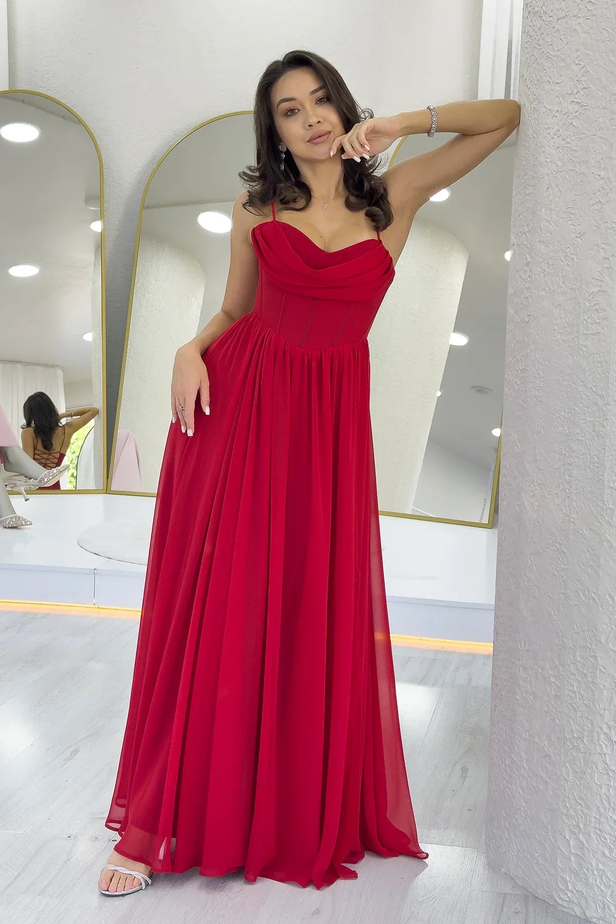 Women's Red Open Back Corset Detail Slit Chiffon Evening Gown