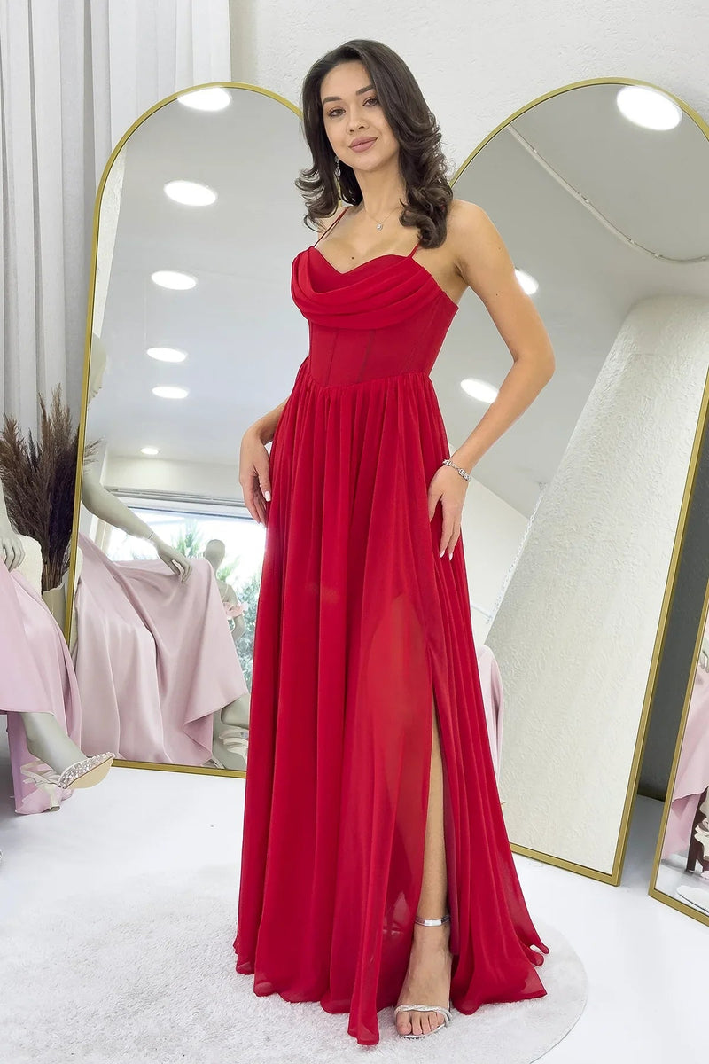 Women's Red Open Back Corset Detail Slit Chiffon Evening Gown