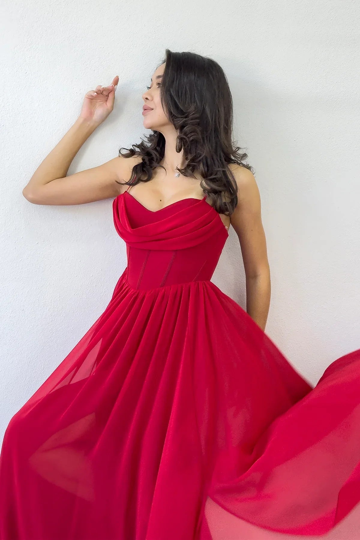 Women's Red Open Back Corset Detail Slit Chiffon Evening Gown