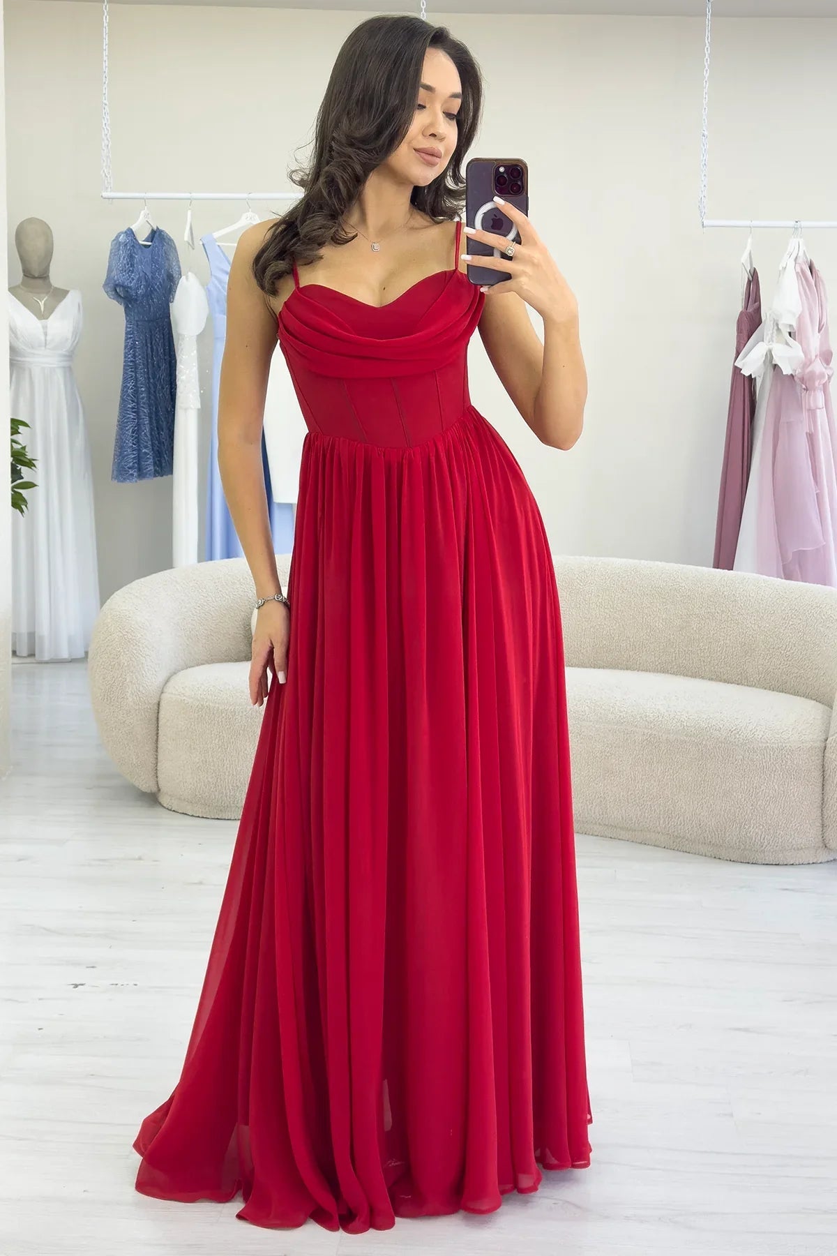 Women's Red Open Back Corset Detail Slit Chiffon Evening Gown