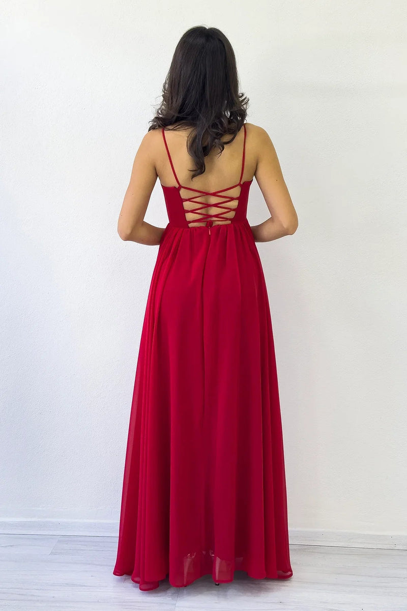 Women's Red Open Back Corset Detail Slit Chiffon Evening Gown