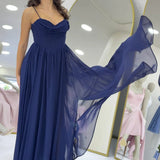 Navy Blue Thin-Strapped Maxi Evening Dress with Slit