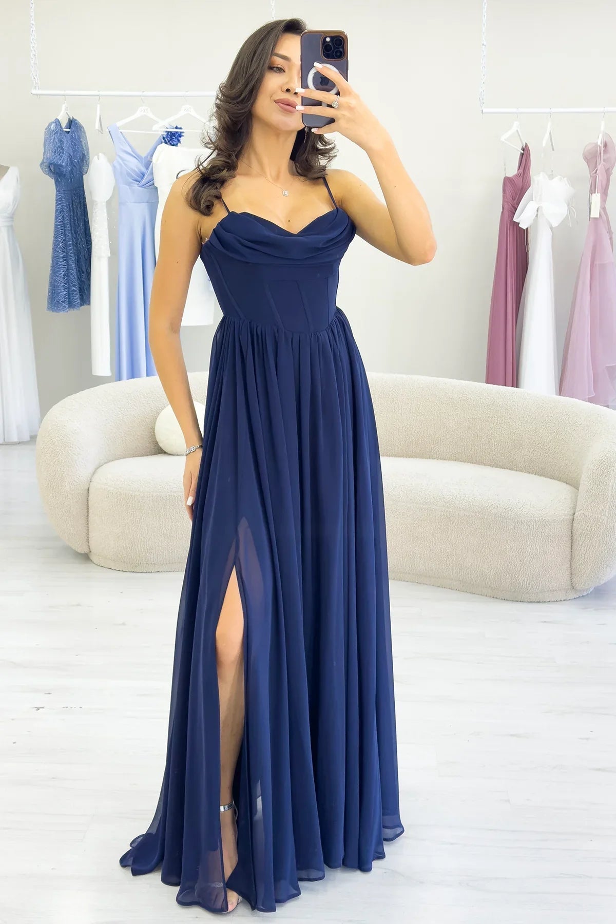 Women's Navy Blue Open Back Corset Detail Slit Chiffon Evening Gown