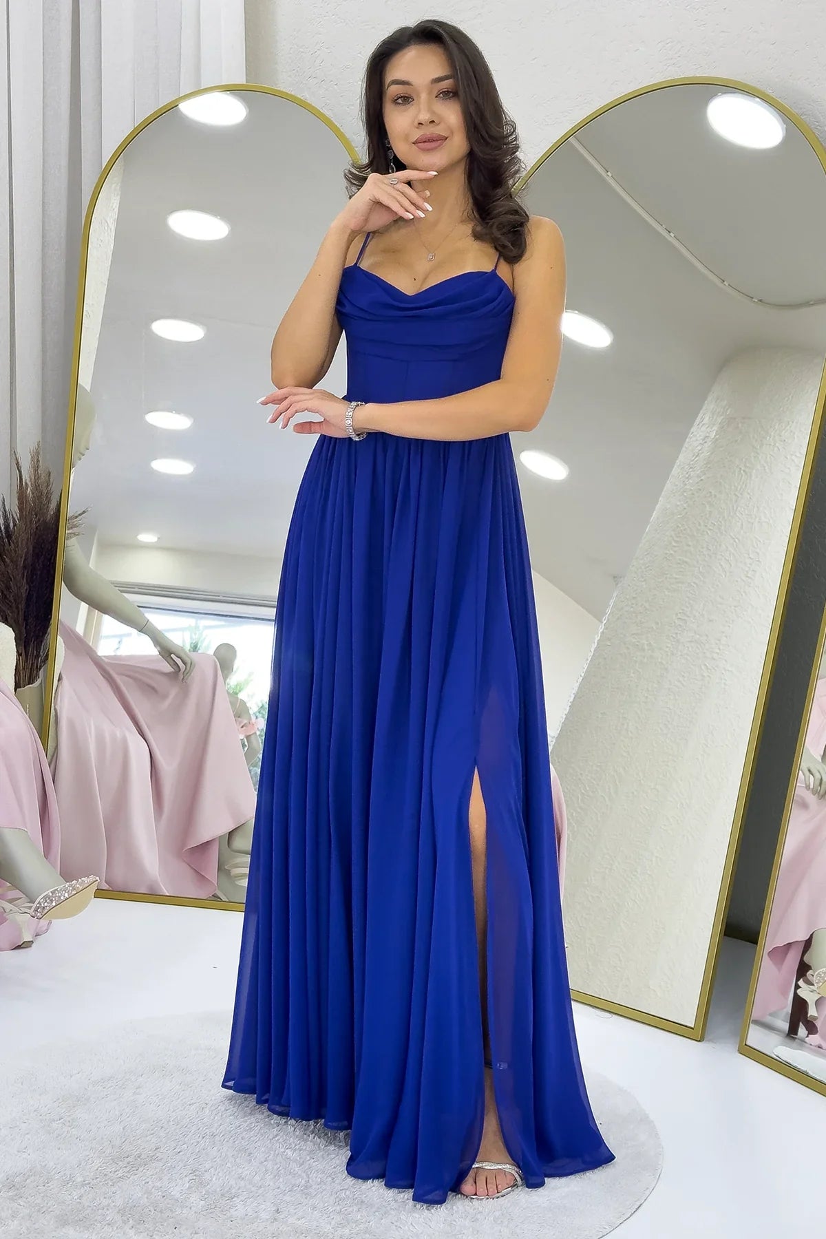 Women's Saxe Blue Open Back Corset Detail Slit Chiffon Evening Gown
