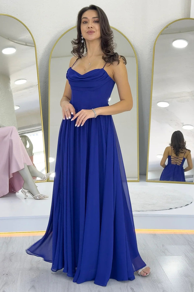 Women's Saxe Blue Open Back Corset Detail Slit Chiffon Evening Gown