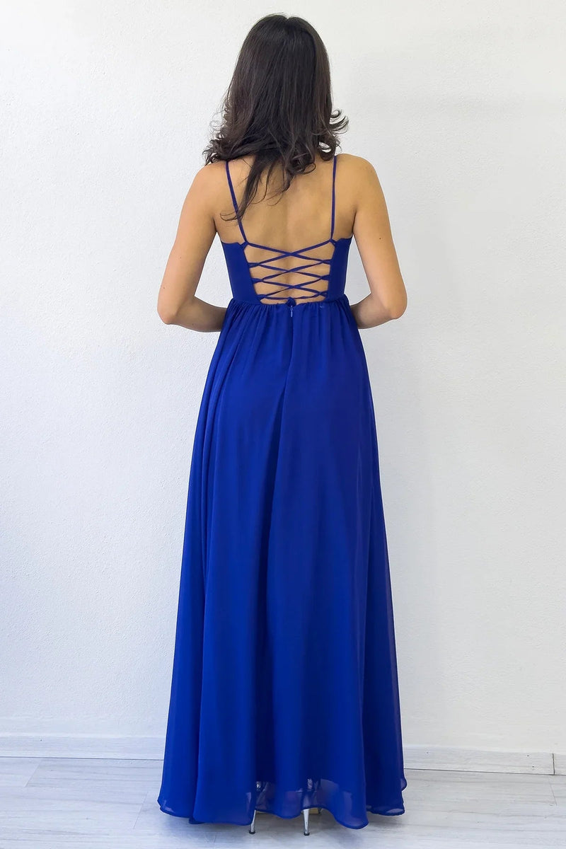 Women's Saxe Blue Open Back Corset Detail Slit Chiffon Evening Gown