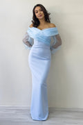 Baby Blue Tulle Design Maxi Evening Dress