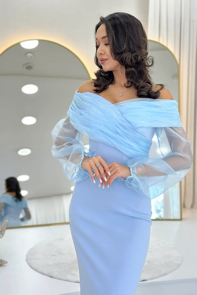Women's Baby Blue Chiffon Sleeve Detail Off-Shoulder Mermaid Evening Gown