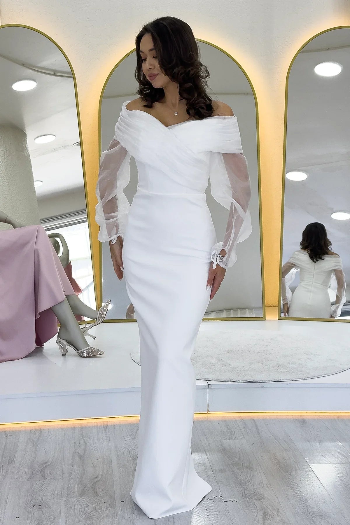 Women's White Chiffon Sleeve Detail Off-Shoulder Mermaid Evening Gown