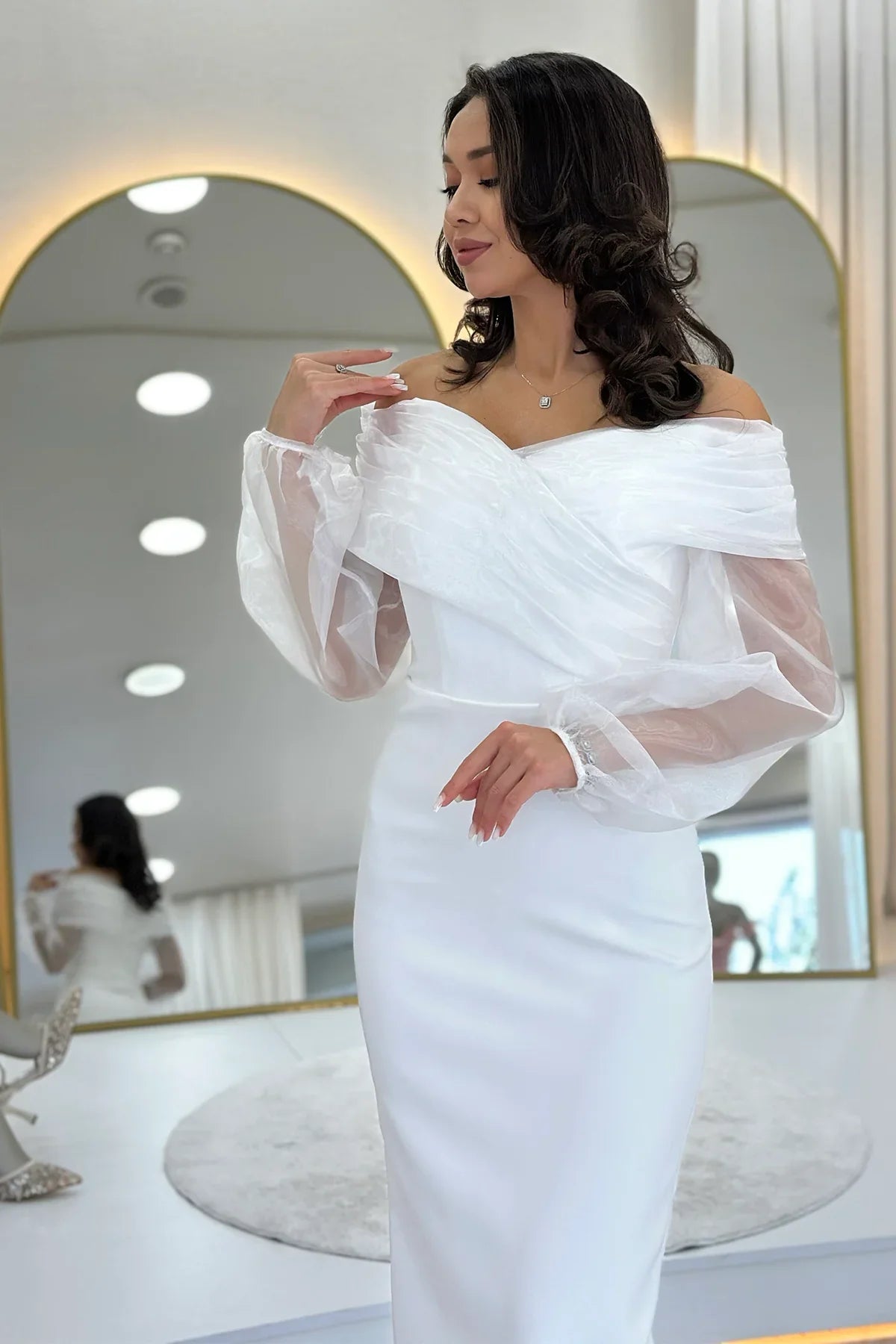 Women's White Chiffon Sleeve Detail Off-Shoulder Mermaid Evening Gown