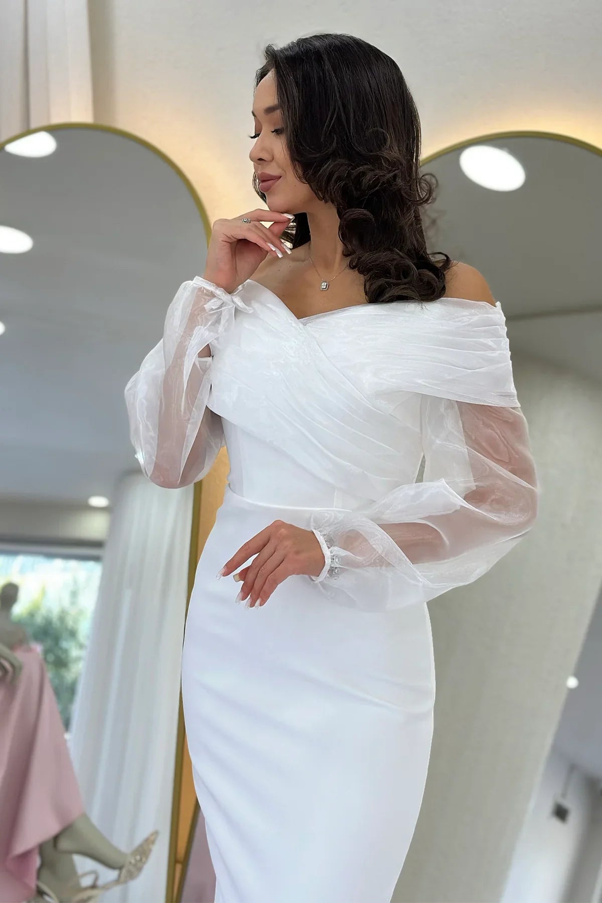 Women's White Chiffon Sleeve Detail Off-Shoulder Mermaid Evening Gown