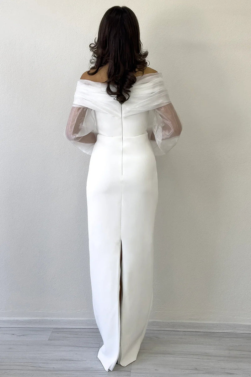 Women's White Chiffon Sleeve Detail Off-Shoulder Mermaid Evening Gown