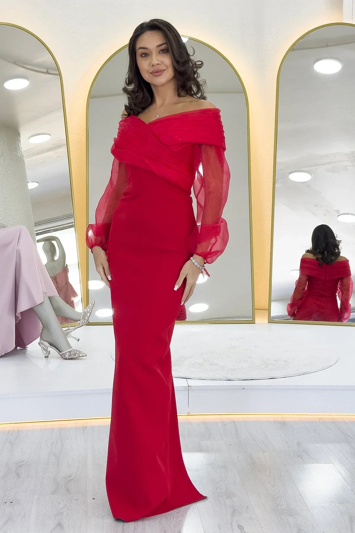 Women's Red Chiffon Sleeve Detail Off-Shoulder Mermaid Evening Gown