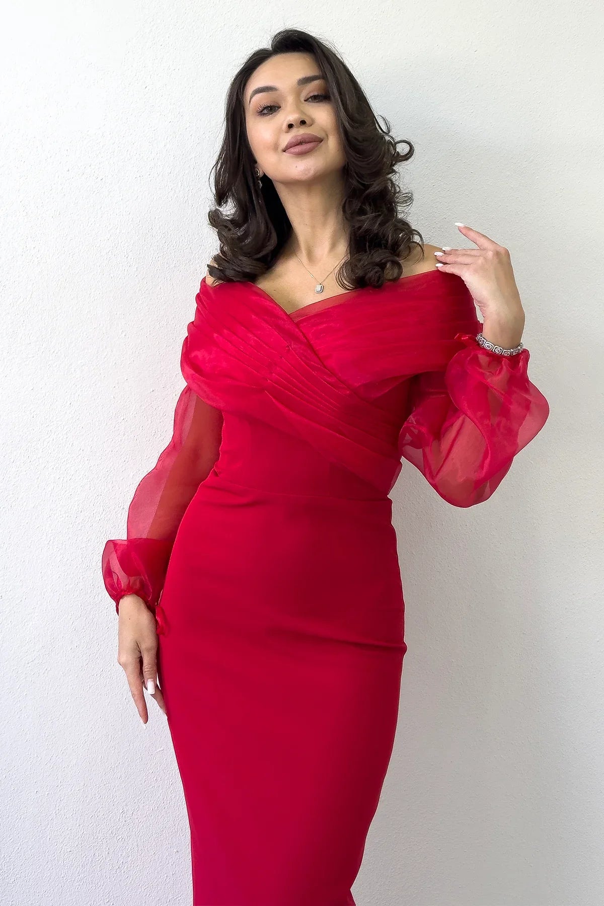 Women's Red Chiffon Sleeve Detail Off-Shoulder Mermaid Evening Gown