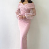 Powder Pink Tulle Design Maxi Evening Dress