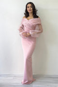 Powder Pink Tulle Design Maxi Evening Dress