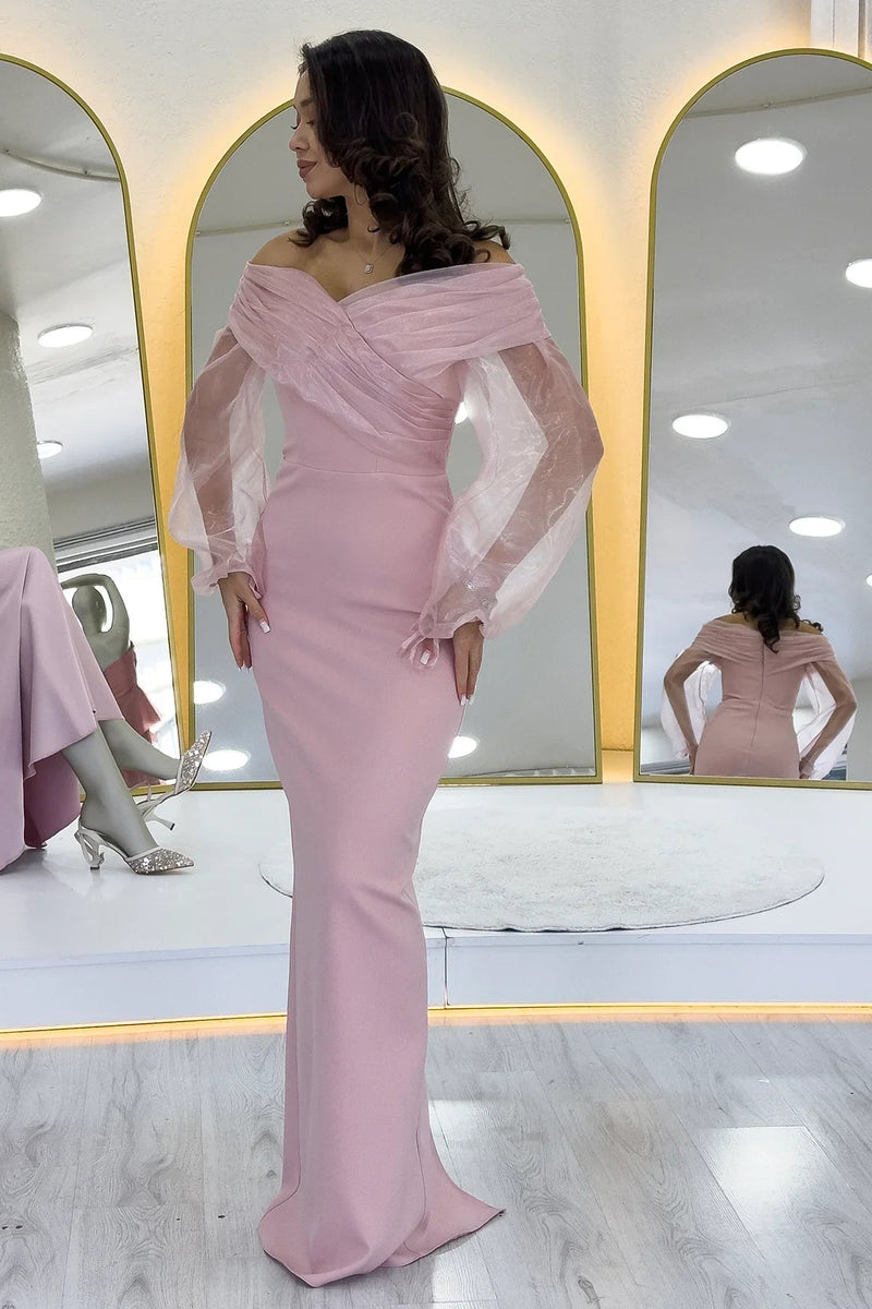 Women's Powder Pink Chiffon Sleeve Detail Off-Shoulder Mermaid Evening Gown