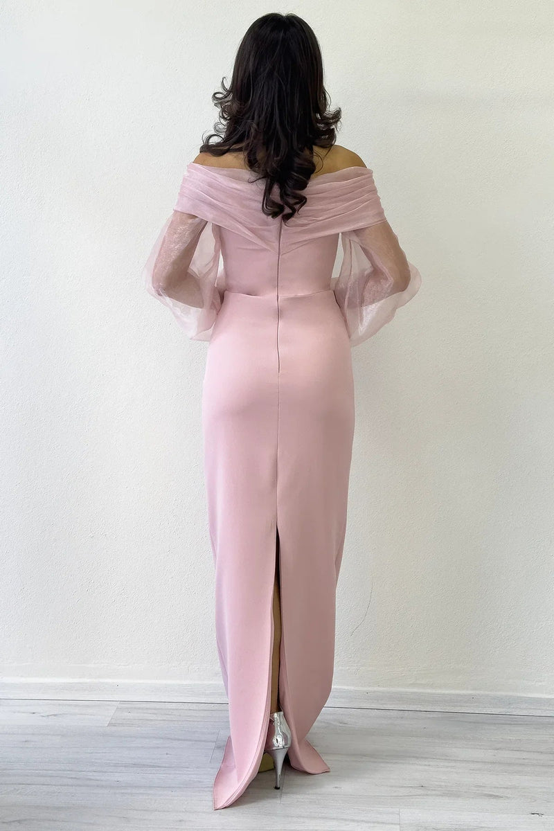 Women's Powder Pink Chiffon Sleeve Detail Off-Shoulder Mermaid Evening Gown