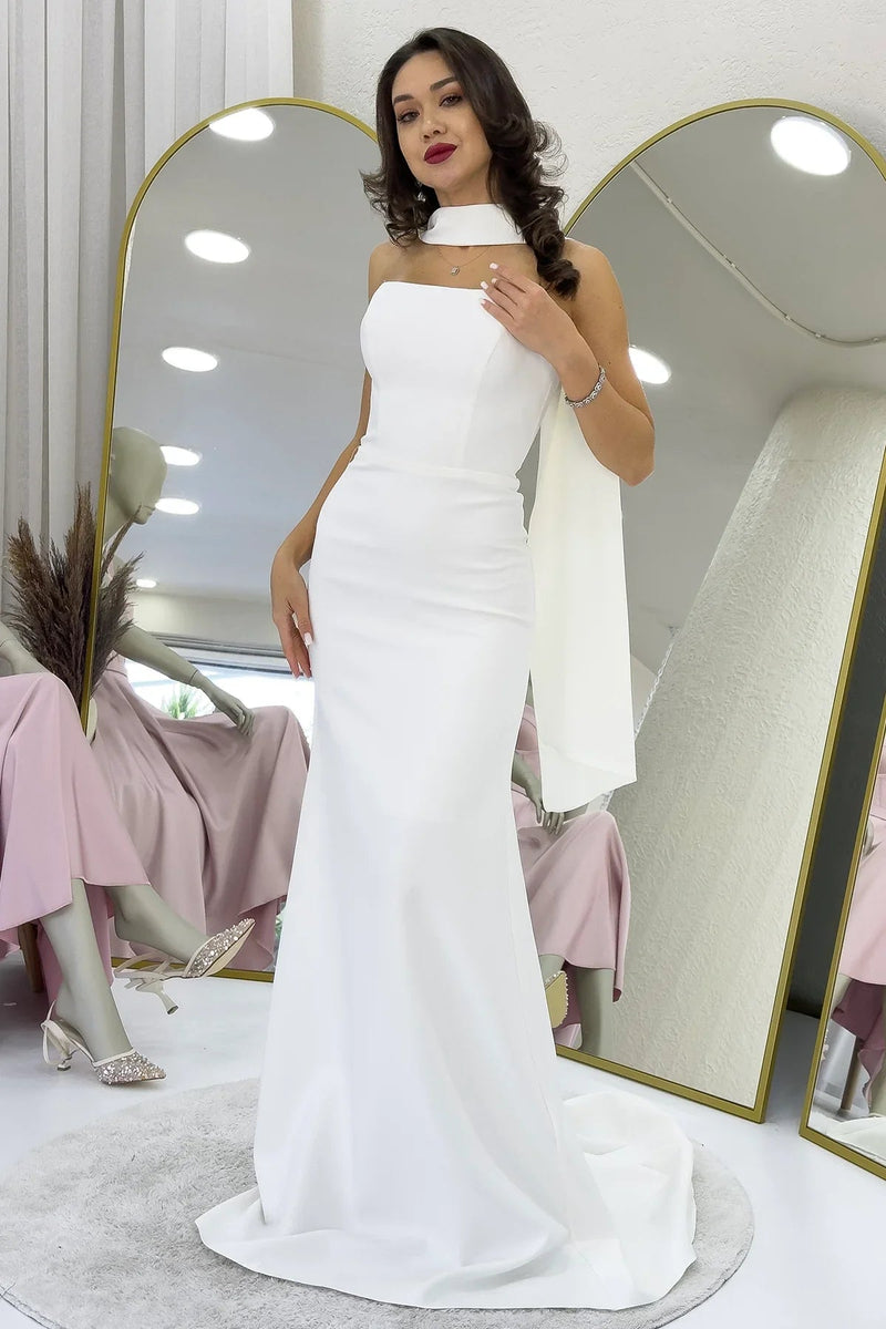 Women's White Shawl Collar Detail Strapless Mermaid Bridal Gown