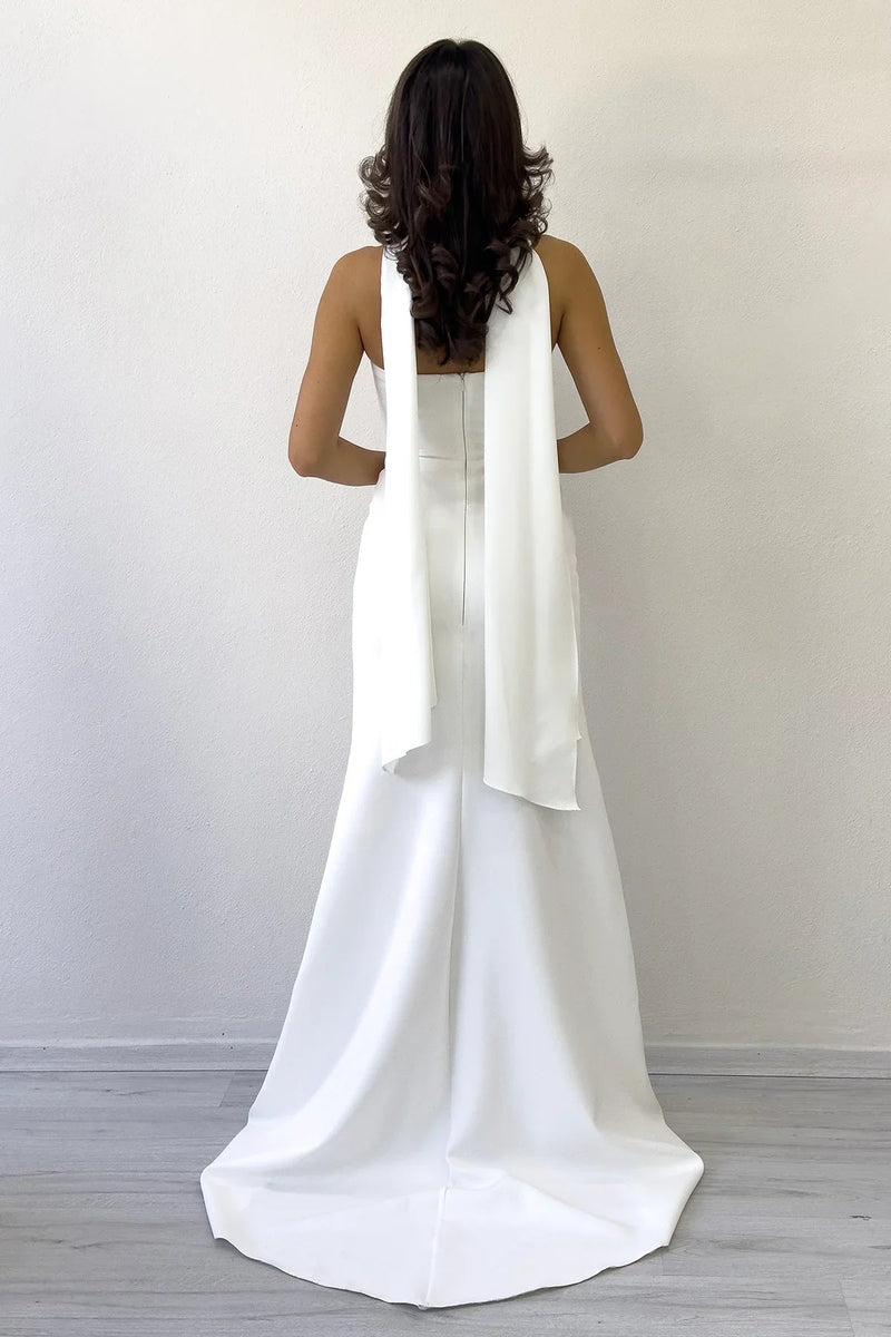 Women's White Shawl Collar Detail Strapless Mermaid Bridal Gown