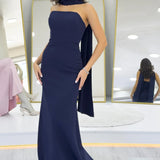 Navy Blue Strapless Shawl Design Maxi Evening Dress