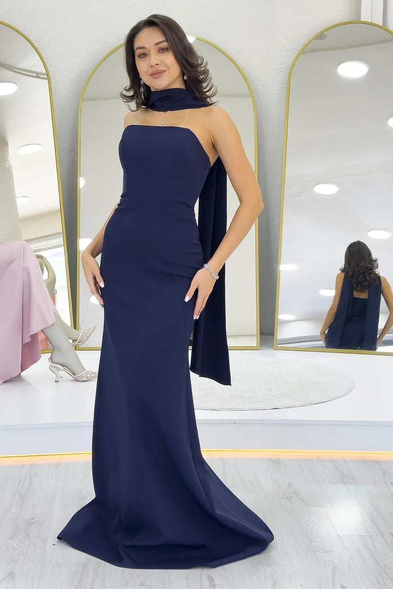 Women's Navy Blue Shawl Collar Detail Strapless Mermaid Evening Gown