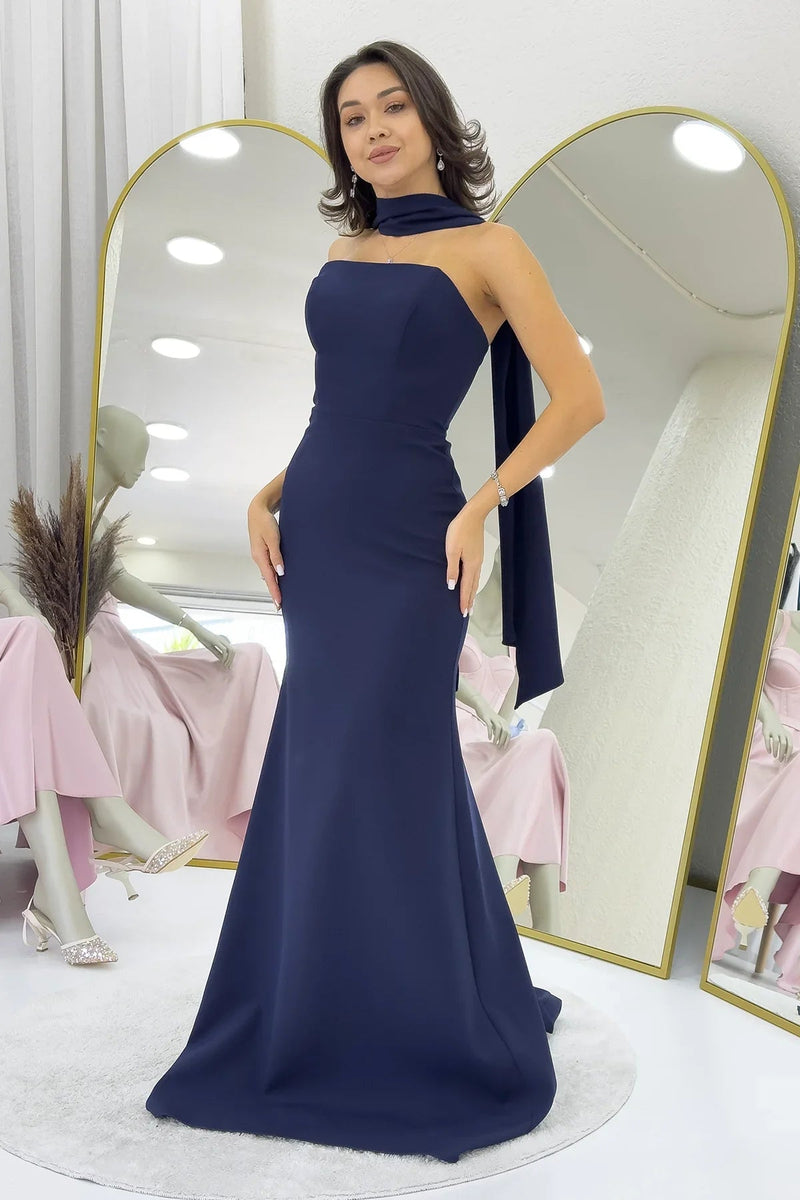 Women's Navy Blue Shawl Collar Detail Strapless Mermaid Evening Gown