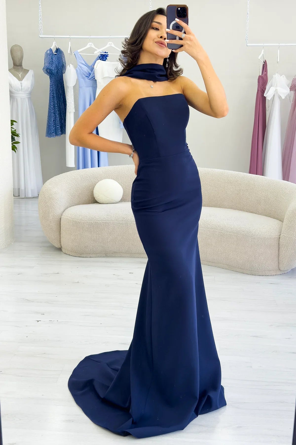 Women's Navy Blue Shawl Collar Detail Strapless Mermaid Evening Gown