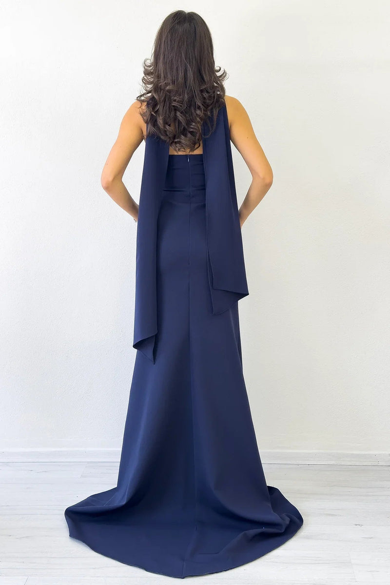 Women's Navy Blue Shawl Collar Detail Strapless Mermaid Evening Gown