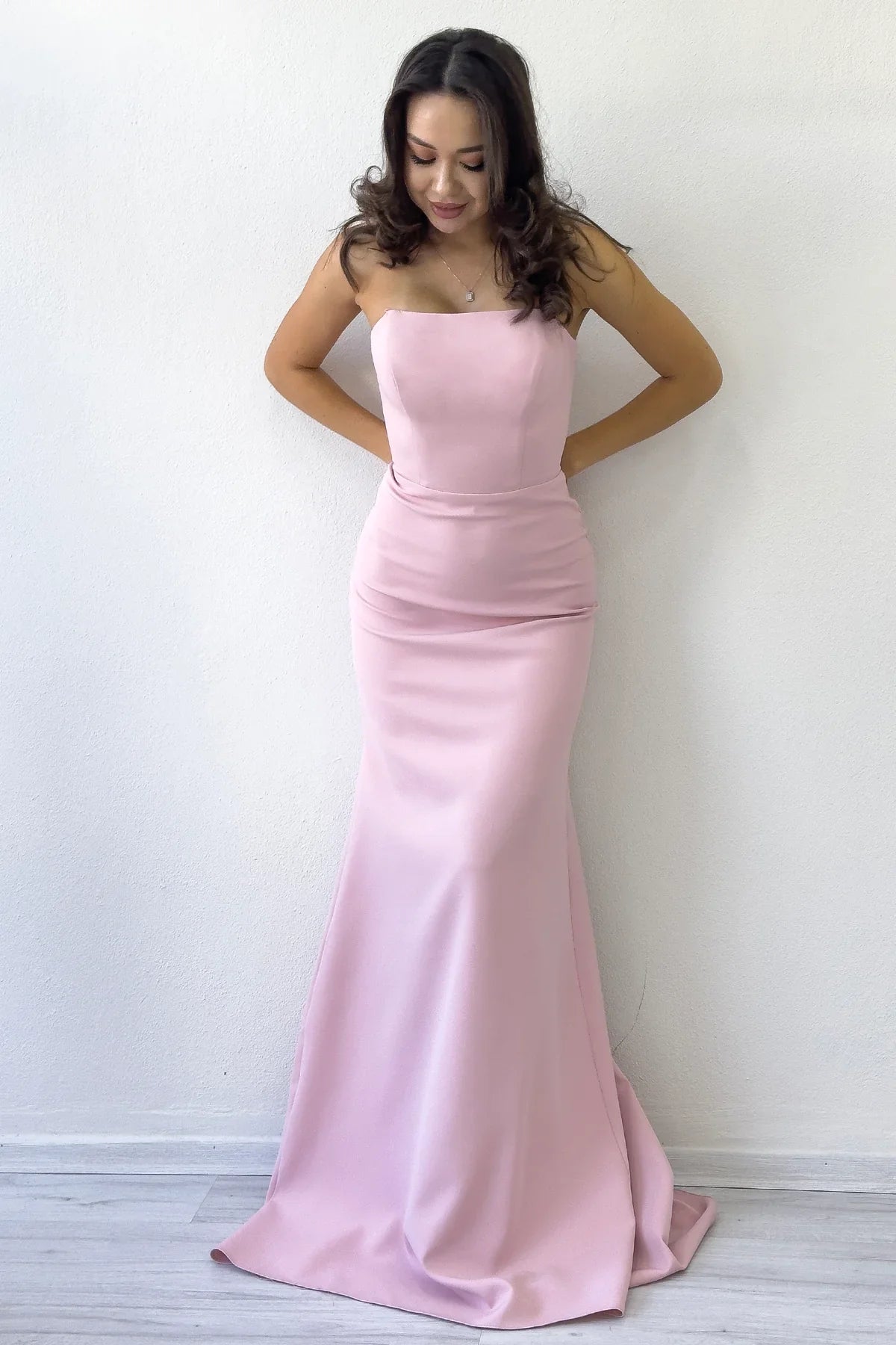Women's Powder Pink Shawl Collar Detail Strapless Mermaid Evening Gown
