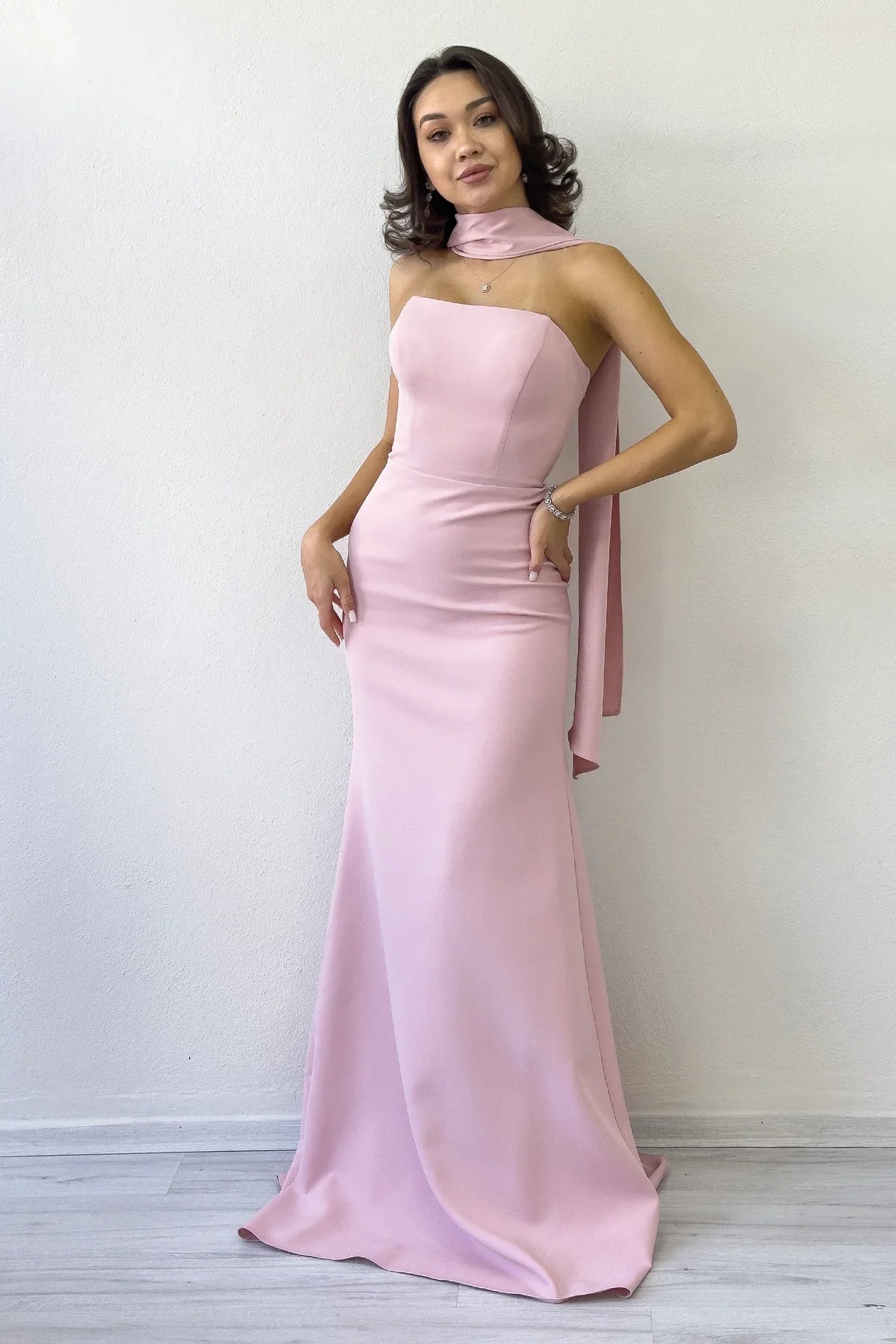 Women's Powder Pink Shawl Collar Detail Strapless Mermaid Evening Gown