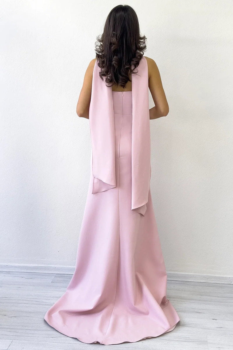Women's Powder Pink Shawl Collar Detail Strapless Mermaid Evening Gown