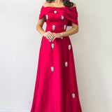 Red Bow Collar Stone Detail Satin Evening Dress