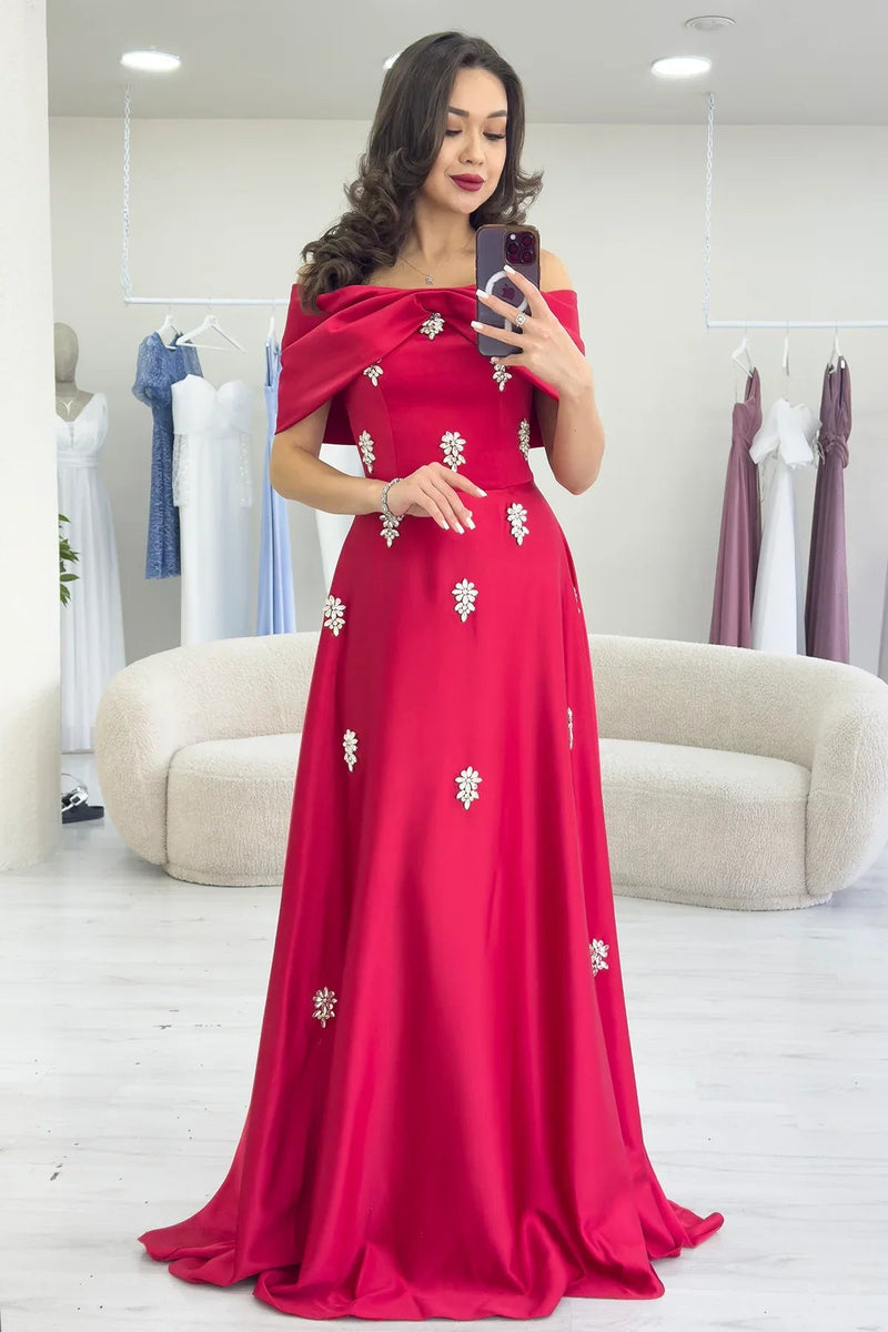 Women's Red Fiyonk Neck Crystal Embellished Satin Evening Gown