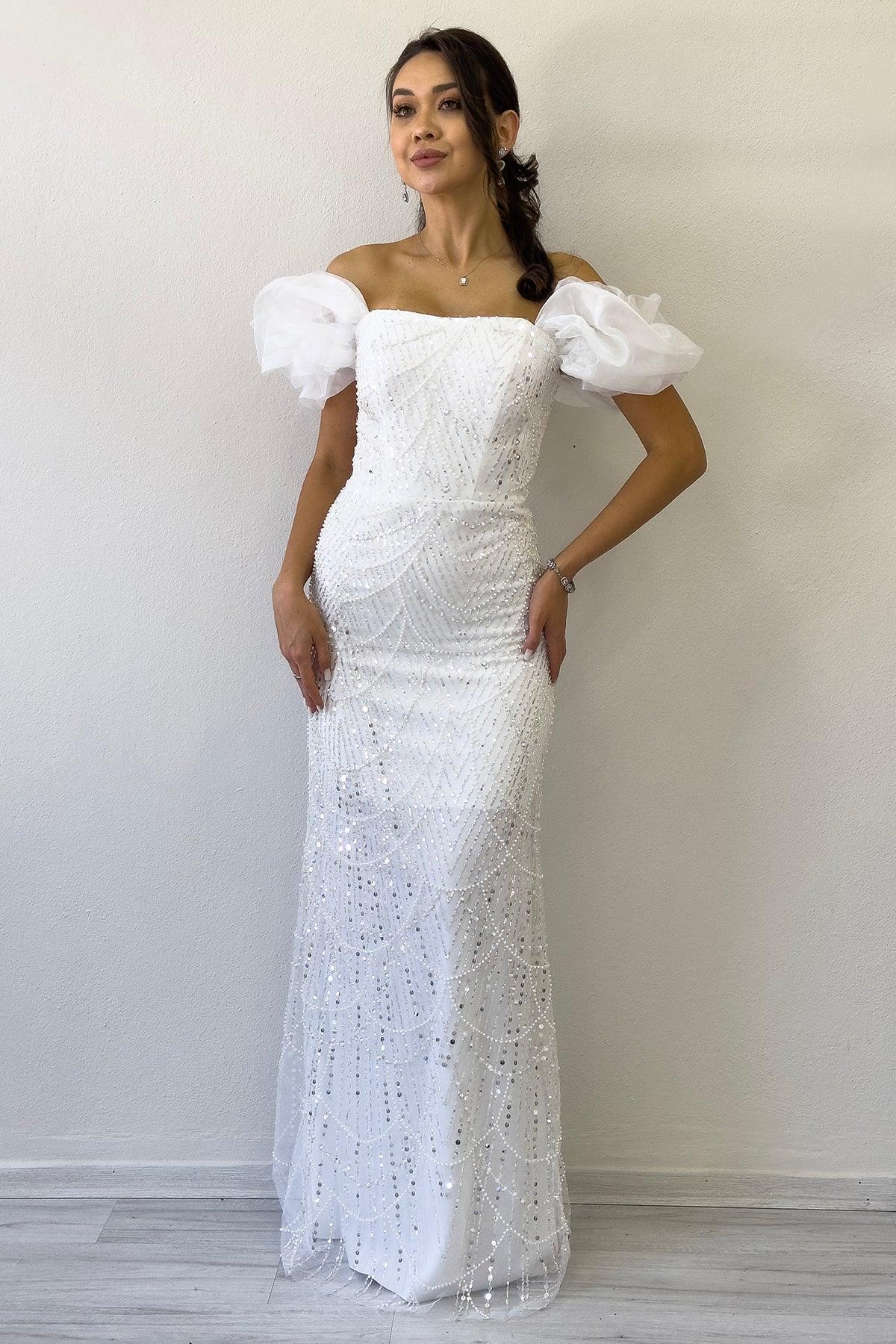 Women's White Balloon Sleeve Sequin Embellished Strapless Evening Gown