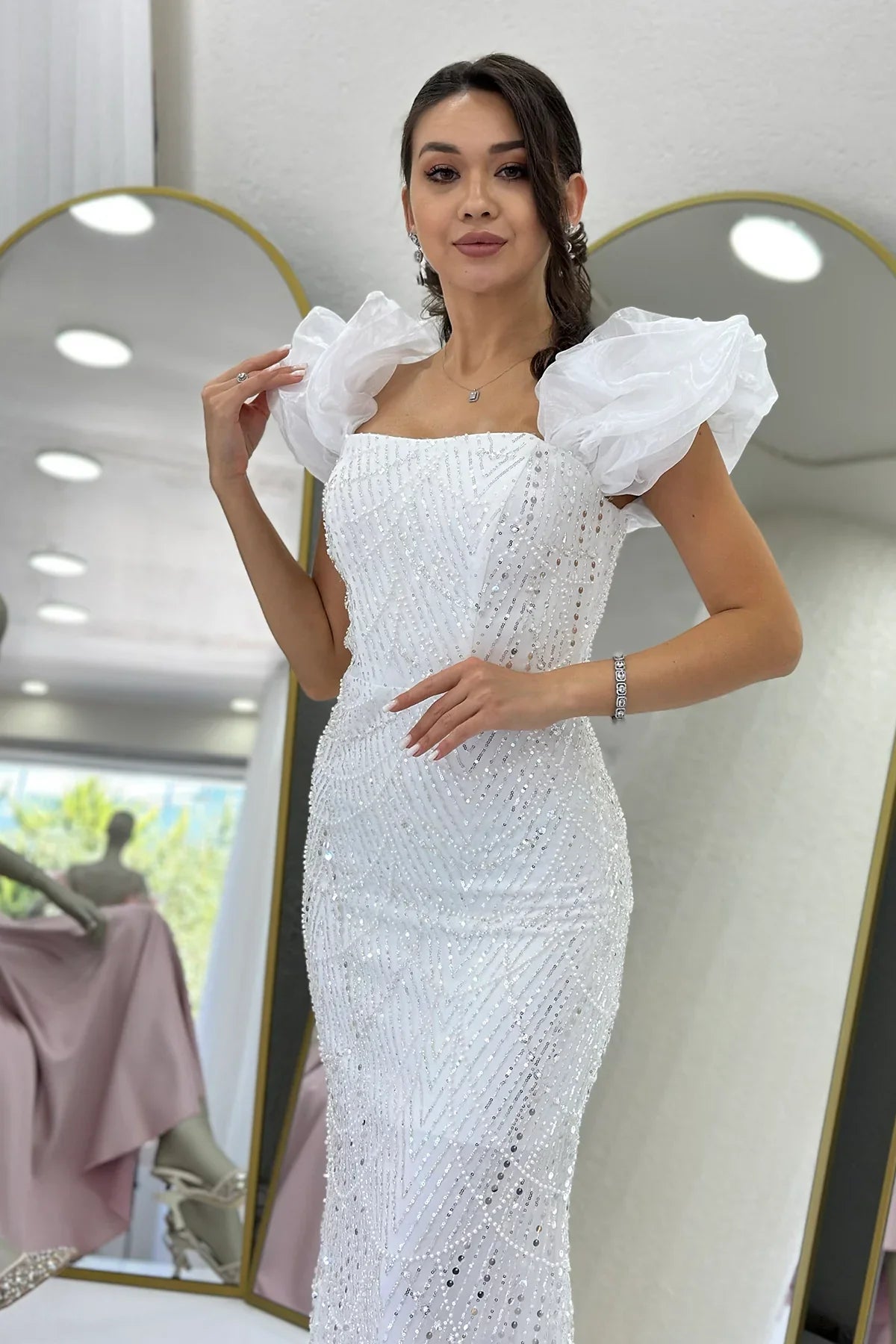 Women's White Balloon Sleeve Sequin Embellished Strapless Evening Gown