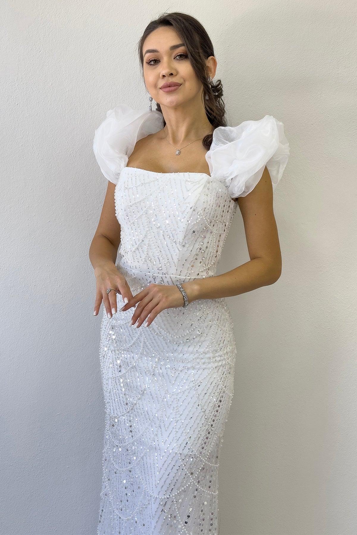 Women's White Balloon Sleeve Sequin Embellished Strapless Evening Gown