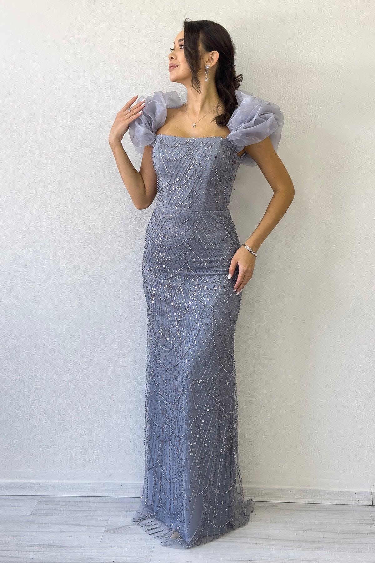 Women's Gray Balloon Sleeve Sequin Embellished Strapless Evening Gown