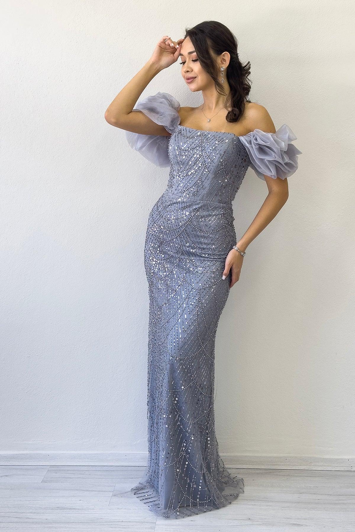 Women's Gray Balloon Sleeve Sequin Embellished Strapless Evening Gown