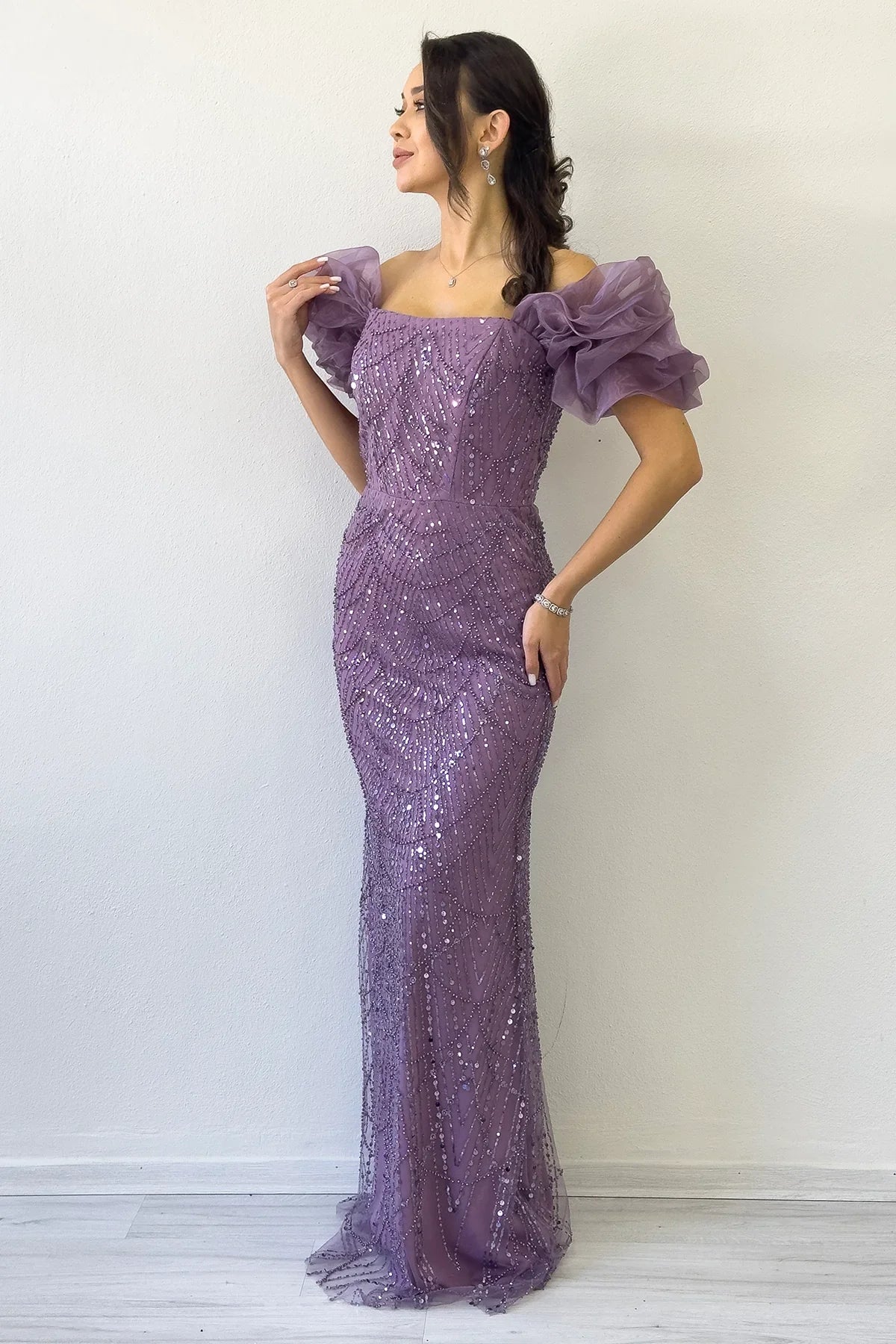 Women's Lilac Balloon Sleeve Sequin Embellished Strapless Evening Gown