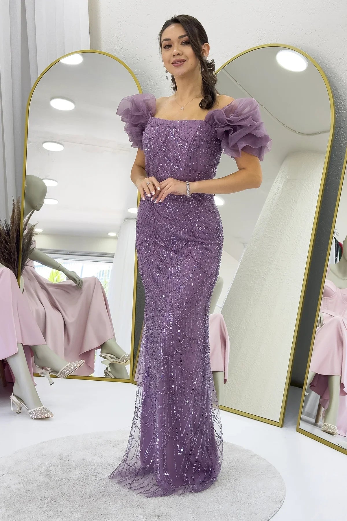 Women's Lilac Balloon Sleeve Sequin Embellished Strapless Evening Gown