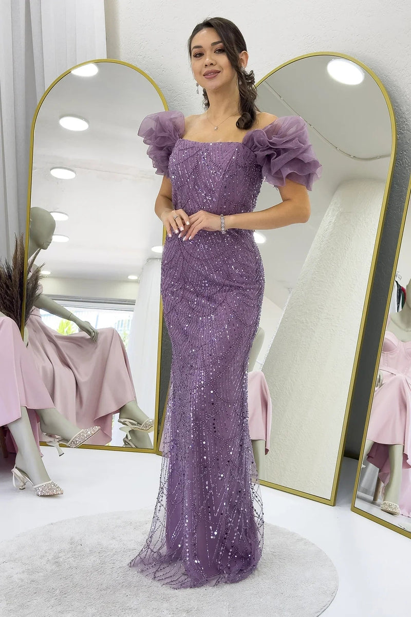 Women's Lilac Balloon Sleeve Sequin Embellished Strapless Evening Gown