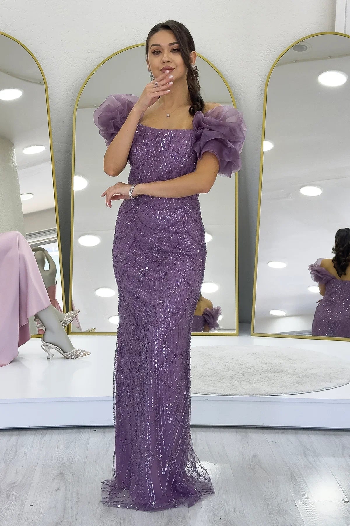 Women's Lilac Balloon Sleeve Sequin Embellished Strapless Evening Gown
