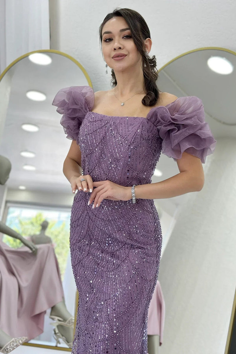 Women's Lilac Balloon Sleeve Sequin Embellished Strapless Evening Gown