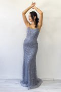 Women's Grey Strapless Beaded Long Evening Dress