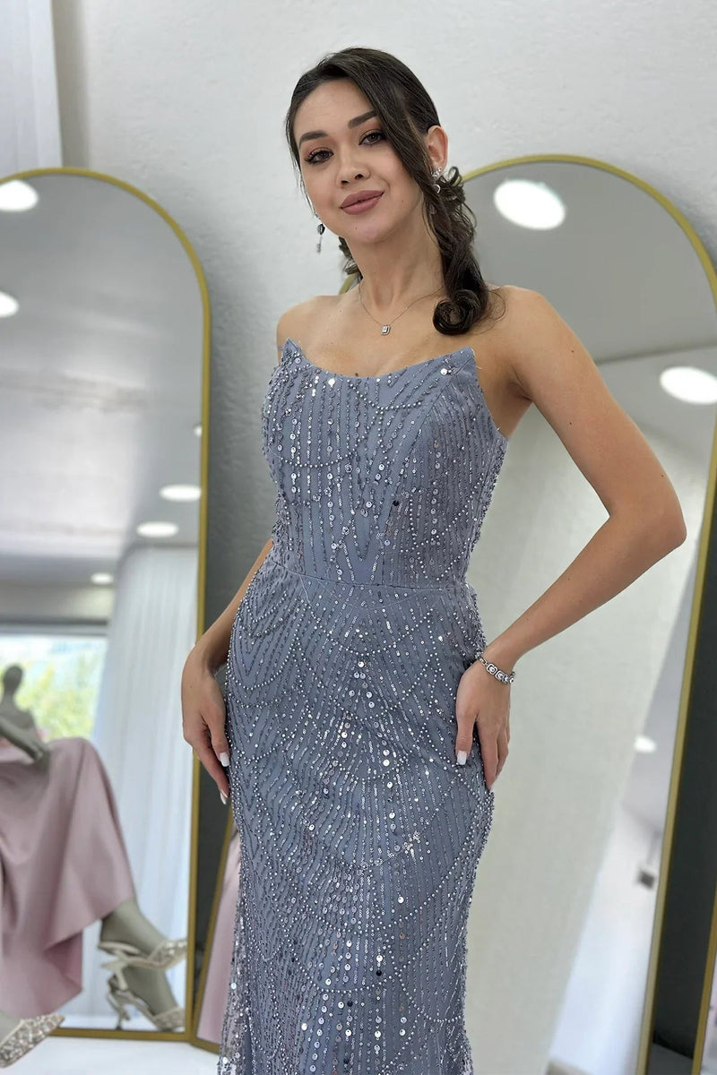 Women's Gray Strapless Sequin Embellished Long Evening Gown