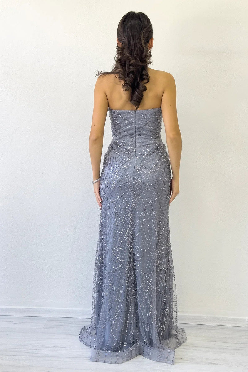 Women's Gray Strapless Sequin Embellished Long Evening Gown