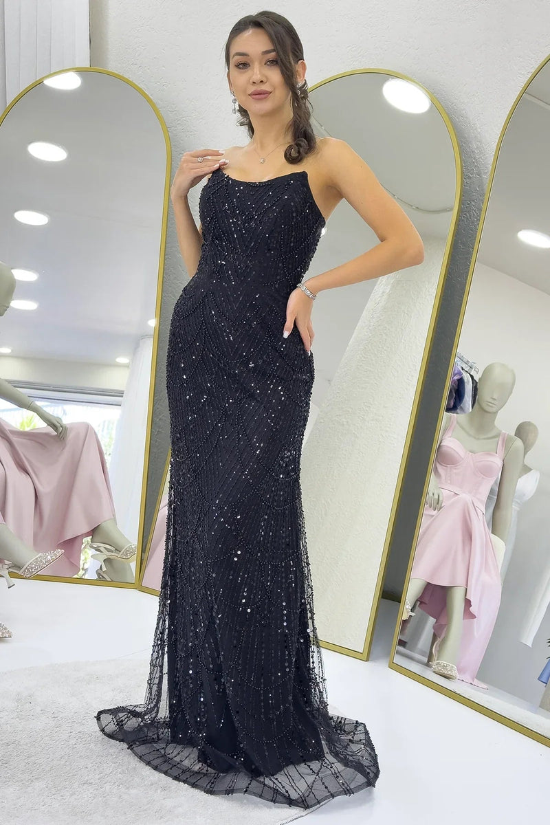 Women's Black Strapless Sequin Embellished Long Evening Gown