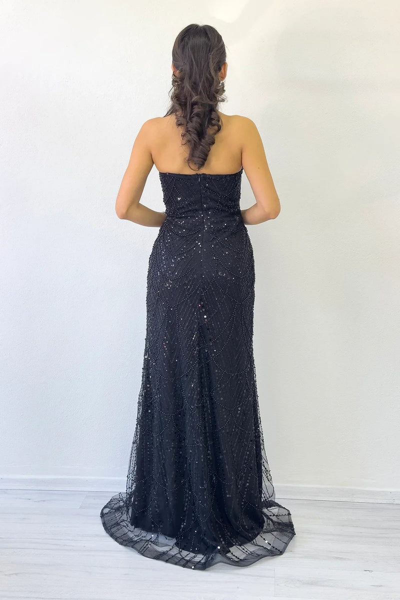 Women's Black Strapless Sequin Embellished Long Evening Gown