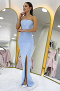 Baby Blue Strapless Embellished Maxi Evening Dress